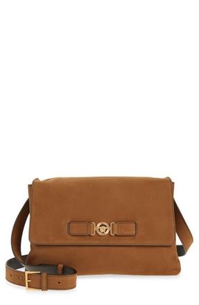 Versace Biggie Nubuck Leather Messenger Bag in Light Brown-Versace Gold at Nordstrom