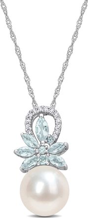 Mimi & Max 9.5-10mm Cultured Freshwater Pearl and 1/3ct TGW Aquamarine and Diamond Accent Flower Necklace in 14k White Gold