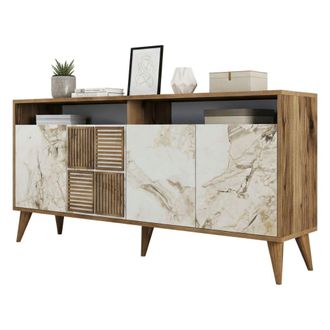 Dmora Aparador Benjamin, 2 Estantes, Puerta Batiente, 4 Puertas, 160x35x78h Cm Nogal Marr&oacute;n