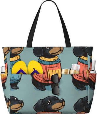Generic Cute Dachshund Print Large Beach Bag Foldable Travel Shoulder Tote Bag With Pocket For Weekender Pool Vacation