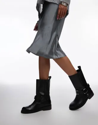Topshop Leam premium leather biker boots in black