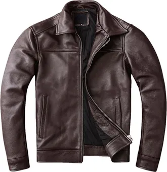 Generic Mens Solid Lapel Cow Leather Jacket Vintage Zipper Business Casual Slim Jackets Coat Brown Size L 61-66kgs