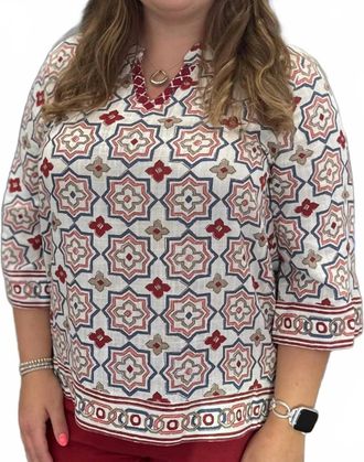 Multiples Embroidered Flare Sleeve Woven Top In Boho Cream Burgundy
