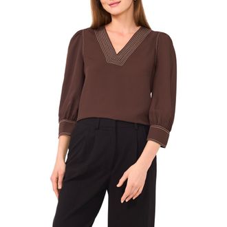 Vince Camuto Topstitched V-Neck Woven Top in Espresso at Nordstrom, Size Small