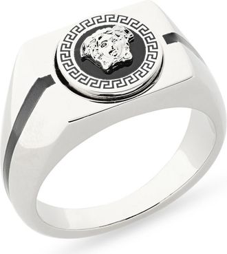 Versace Mens Enamel Medusa Signet Ring in Palladium/Black at Nordstrom, Size 8.5