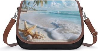 Generic Beach Starfish And Seashells Crossbody Bag Womens Handbag PU Message Bags Shoulder Purse with Adjustable Strap