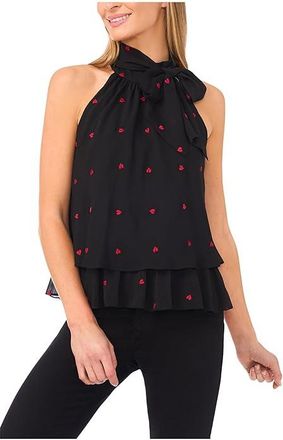 CeCe by Cynthia Steffe Tiered Halter Bow Tie Top Womens Clothing Rich Black : XL, Polyester