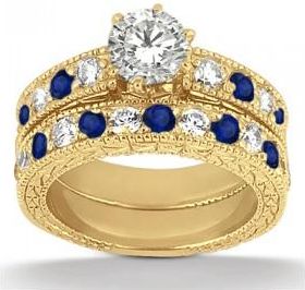 Allurez Antique Diamond & Blue Sapphire Bridal Set 14k Yellow Gold (1.80ct)