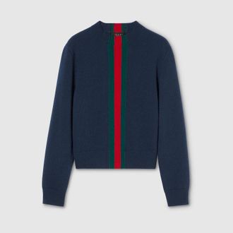 Gucci Fine Knit Wool Sweater With Web, Size XXXL, Blue, Ready-to-wear