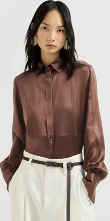 Brunello Cucinelli Stretch silk satin shirt with monili in Brown at Nordstrom, Size Xxx-Large