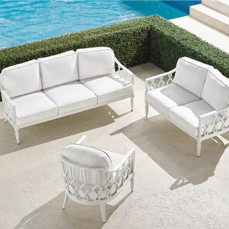 Frontgate Avery 3-pc. Sofa Set in White Aluminum - Standard, Sailcloth Cobalt with Natural Piping - Frontgate
