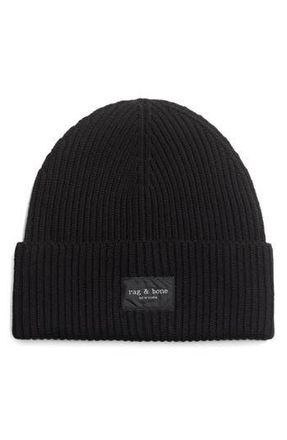 Rag & Bone Blake Logo Patch Wool Blend Rib Beanie in Black at Nordstrom Rack