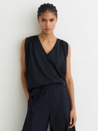 Reiss Navy Cotton Gathered-detail V-neck Vest, XS