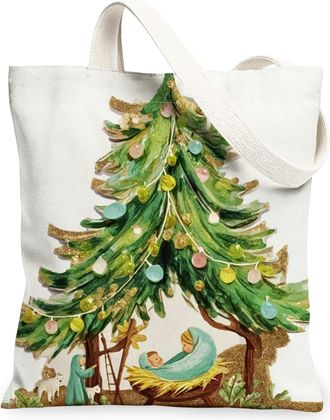 Generic Christmas Tree Canvas Tote Bags, Artistic Holiday Design Lightweight Washable Grocery Bags, Vintage Eco-Friendly Shoulder S, White, 13x15 Inch