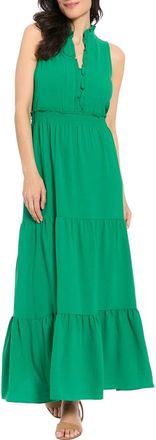 London Times Ruffle Sleeveless Smocked Waist Tiered Maxi Dress in Emerald Wave at Nordstrom Rack, Size 12