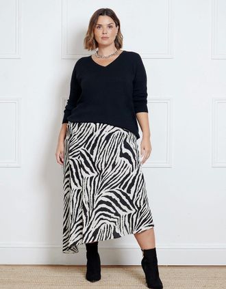 Live Unlimited London Womens Mono Zebra Print Asymmetric Midi Skirt - Black/Multi - Size: 20