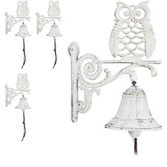 Relaxdays 4 Campanas Pared Hierro Fundido B&uacute;ho, Efecto Antiguo, Cuerda, Para Exterior, Decoraci&oacute;n Jard&iacute;n, Blanco