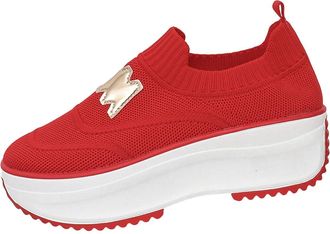 Generic Womens Slip On Shoes Mesh Breathable Walking Shoe Stylish Solid Color Thick Sole Comfortable Casual Wedge Shoes Outdoor Leisure Red