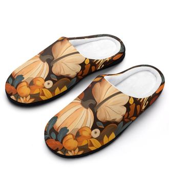 Generic Thanksgiving Fall Farm Pumpkins Mens Slippers Slip On Comfortable Fleece Cotton House Shoes Winter