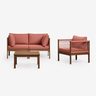 Sklum Conjunto De Sal&oacute;n Con Sof&aacute; Modular De 2 Piezas Con Reposabrazos, Sill&oacute;n Y Mesa De Centro En Madera De Acacia Branson Sklum