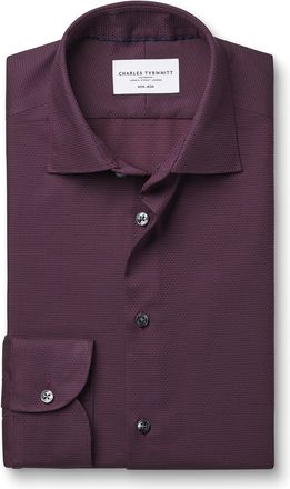 CHARLES TYRWHITT Non-Iron Stretch Texture Cotton Shirt - Dark Red Single Cuff Size 15.5/33 by Charles Tyrwhitt