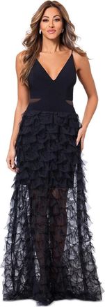 Xscape Dress Womens Black Mesh Sleeveless Ruffle Trim V-Neck Party FROG479