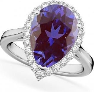 Allurez Pear Cut Halo Lab Alexandrite & Diamond Engagement Ring 14K White Gold 5.44ct