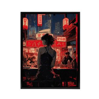 Artery8 Cyberpunk Jazz Bar Neo Noir Anime Framed Canvas Wall Art Print in Red | Size: W24 x H32