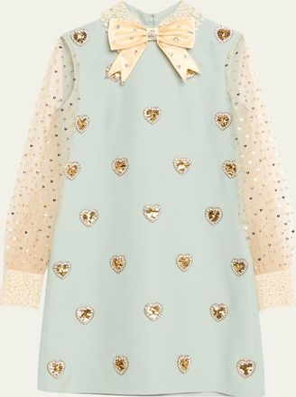 Valentino Garavani Bow Crystal Heart Sheer Sleeve Wool Mini Dress