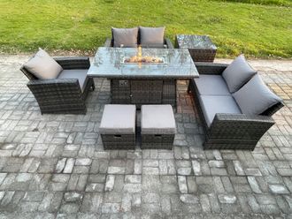 Fimous Rattan Outdoor Garden Furniture Gas Fire Pit Table Sets Gas Heater with Love Sofa Armchair Side Table 2 Small Footstools 7 Seater