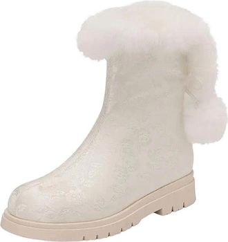 Generic Womens Casual Mid Calf Boots Round Toe Med Square Heel With Side Zipper And Floral Butterfly-Knot Accent