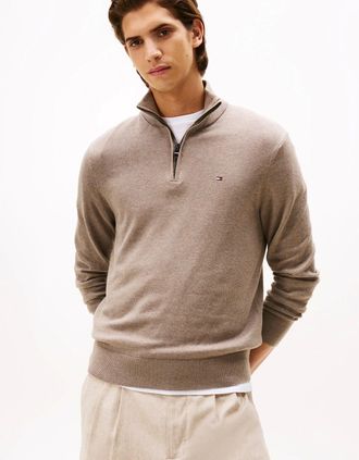Tommy Hilfiger Mens Tommy Hilfiger Organic Cotton Cashmere Mens Zip-Mock Sweater - Coastal Taupe Heather - Tan - Size: 40