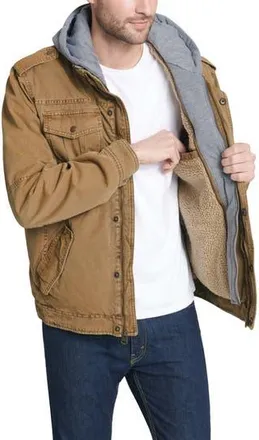 Levi's Washed Cotton Faux Shearling Lined Hooded Military Jacket in Khaki at Nordstrom Rack, Size Xx-Large