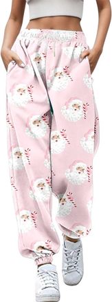 Generic Christmas Joggers for Women UK Funny Graphic Print Holiday Sweatpants High Waist Baggy Trousers Oversized Xmas Drawstring Jogging Pants Ladies Gym Wal