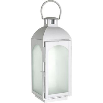 Premier Housewares Small Mild Steel Lantern White Wash Finish Frosted Glass Detail Small Size Display Pillar Candle 16 x 45 x 17