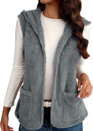 Generic Fleece Gilet for Women UK - Teddy Fleece Vest, Winter Body Warmers, Hooded Sleeveless, Open Front Cardigans, Two Pockets, Solid Color Lightweight Cozy