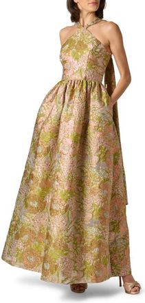 Aidan Mattox Metallic Floral Jacquard Halter Gown in Pink Multi at Nordstrom, Size 14