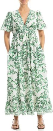 Max Studio Flutter Sleeve Empire Waist Maxi Dress in Ivory/Green at Nordstrom Rack, Size X-Large