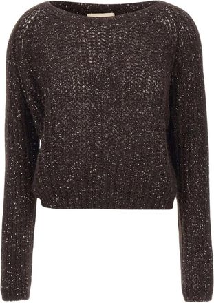 Kaos Trui met open structuur en pailletten - Dames - Ronde hals truien - Bruin - L - Pailletten - Truien & Vesten