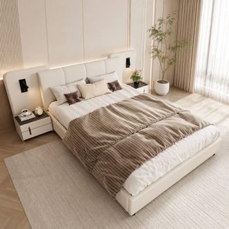 Merax 4ft6 Double PU Leather Bed with Extended Headboard & Reading Lights in Beige