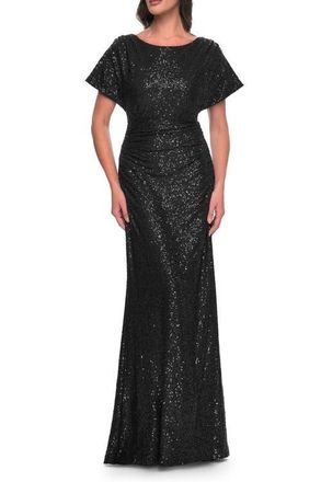 La Femme Sequin Stretch Evening Dress with High Neckline and Dolman Sleeves in Black at Nordstrom, Size 6