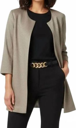 Eileen Fisher Silk Jacquard Print Open Front Collarless Jacket In Stone