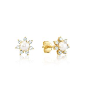 MAX + STONE 14k Yellow or White Gold Gemstone and 4mm Diamond Flower Halo Stud Earrings
