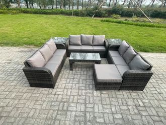 Fimous 10 Seater Rattan Garden Furniture Set Indoor Outdoor Patio Sofa Set with Coffee Table 2 Side Tables Big Footstool Dark Grey Mixed