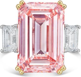 Diana M. Jewels 18kt Yellow gold Lab grown 6ct Fancy pink emerald diamond ring with emerald diamonds on the side and micropave band