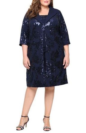Alex Evenings Sequin Scuba Crepe Cocktail Dress with Jacket in Navy at Nordstrom Rack, Size 22W