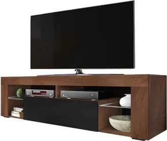 Selsey Selsey Bianko - Mobile Tv Moderno / Tavolino Tv / Porta Tv Elegante Con Ripiani In Vetro 140 Cm (noce Opaco / Nero Lucido, Senza Led)