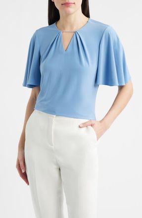 Anne Klein Pleat Neck Bell Sleeve Top in Lagoon at Nordstrom, Size Xx-Small