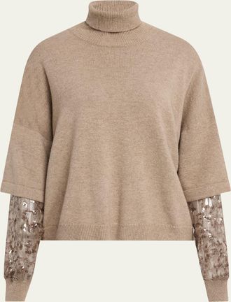 Brunello Cucinelli Cashmere Turtleneck Sweater with Sheer Sequined Sleeves