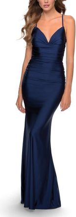 La Femme Form Fitting Jersey Dress with Ruching and Strappy Back in Navy at Nordstrom, Size 10